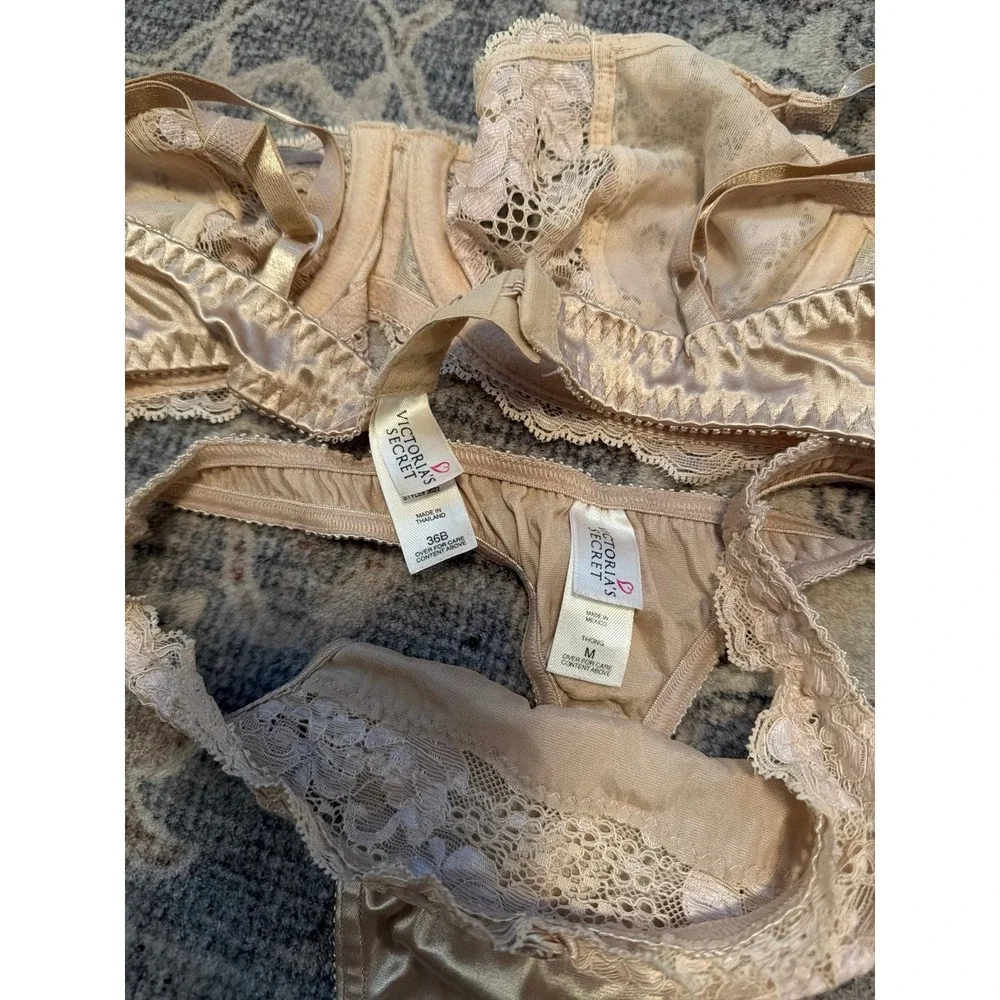 Vintage Victorias Secret Satin Lace Champagne Gold Lingerie Bra Panty Set 1998
